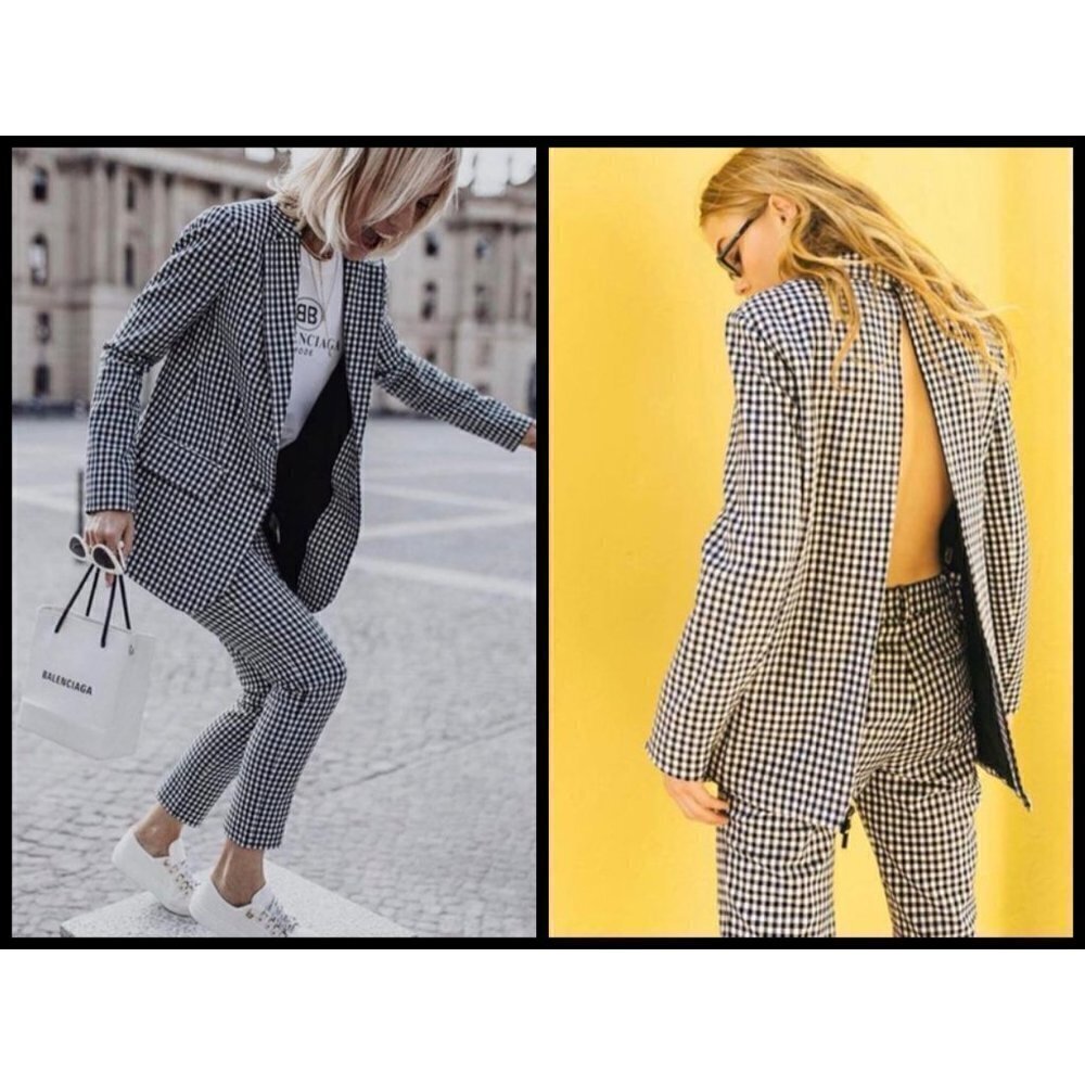 💕TIBI💕 Cut Ups Gingham Suiting Mens Blazer with Back Zip Black & White Print 4
